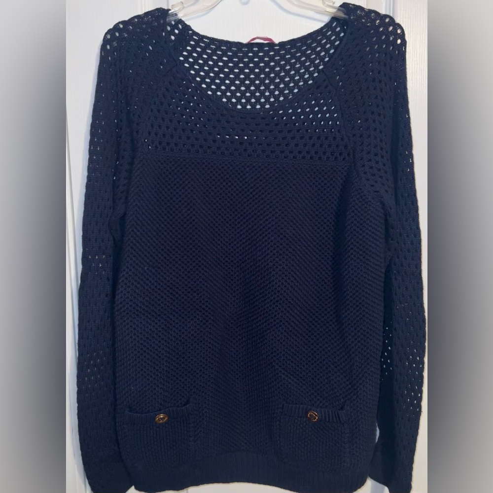 Lilly Pulitzer Kristen Crochet Sweater Navy Supima Cotton Size XL